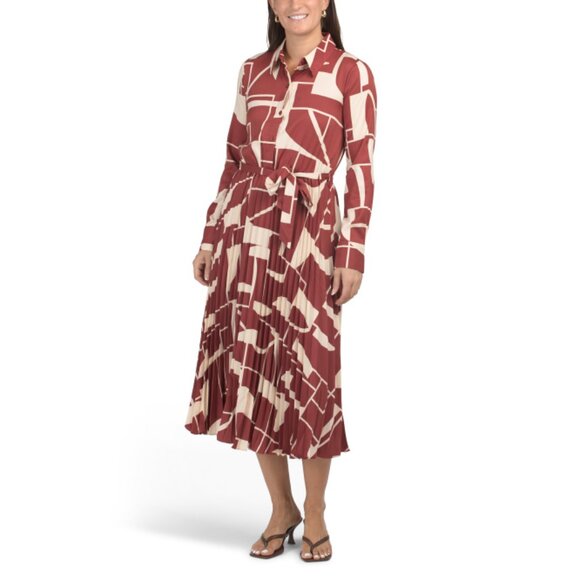 MAGGY LONDON Rust Multi Accordion Pleated Midi Shirt Dress - Picture 1 of 2